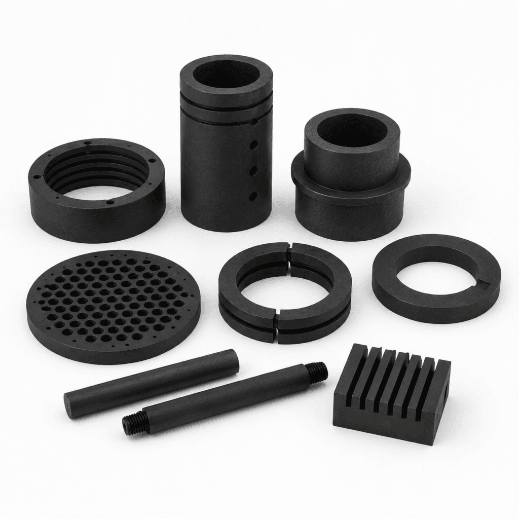 Graphite furnace and hot-zone components including heaters, insulation parts, and support fixtures