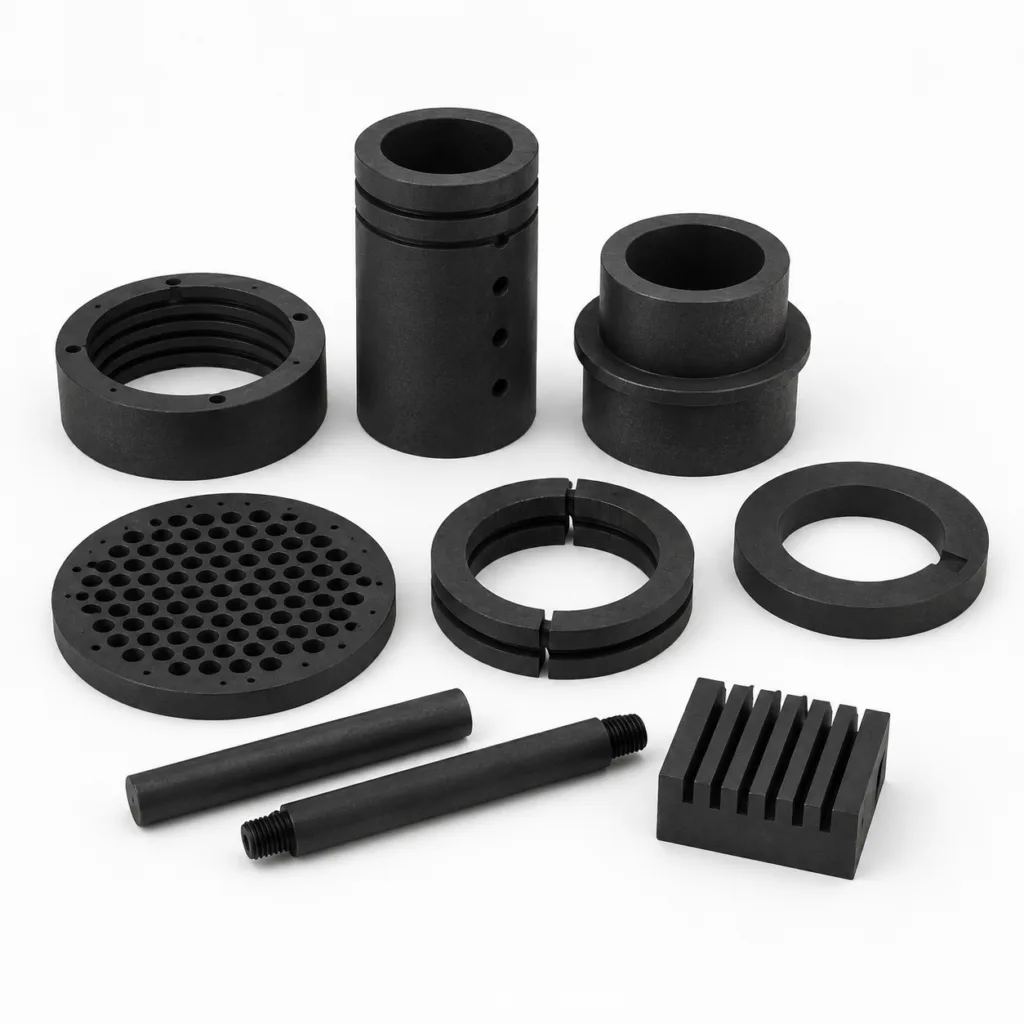 Graphite furnace and hot-zone components including heaters, insulation parts, and support fixtures