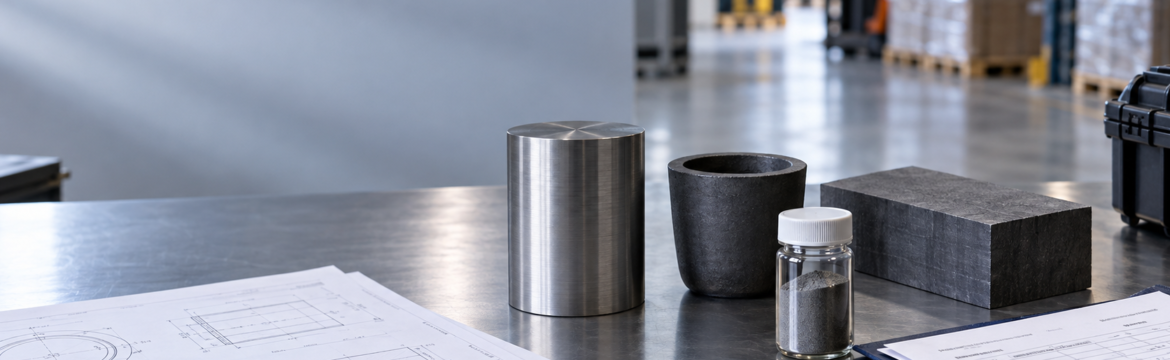 Advanced metal, graphite and powder samples beside technical drawings and export documents