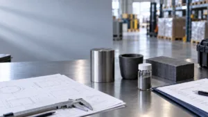 Advanced metal, graphite and powder samples beside technical drawings and export documents