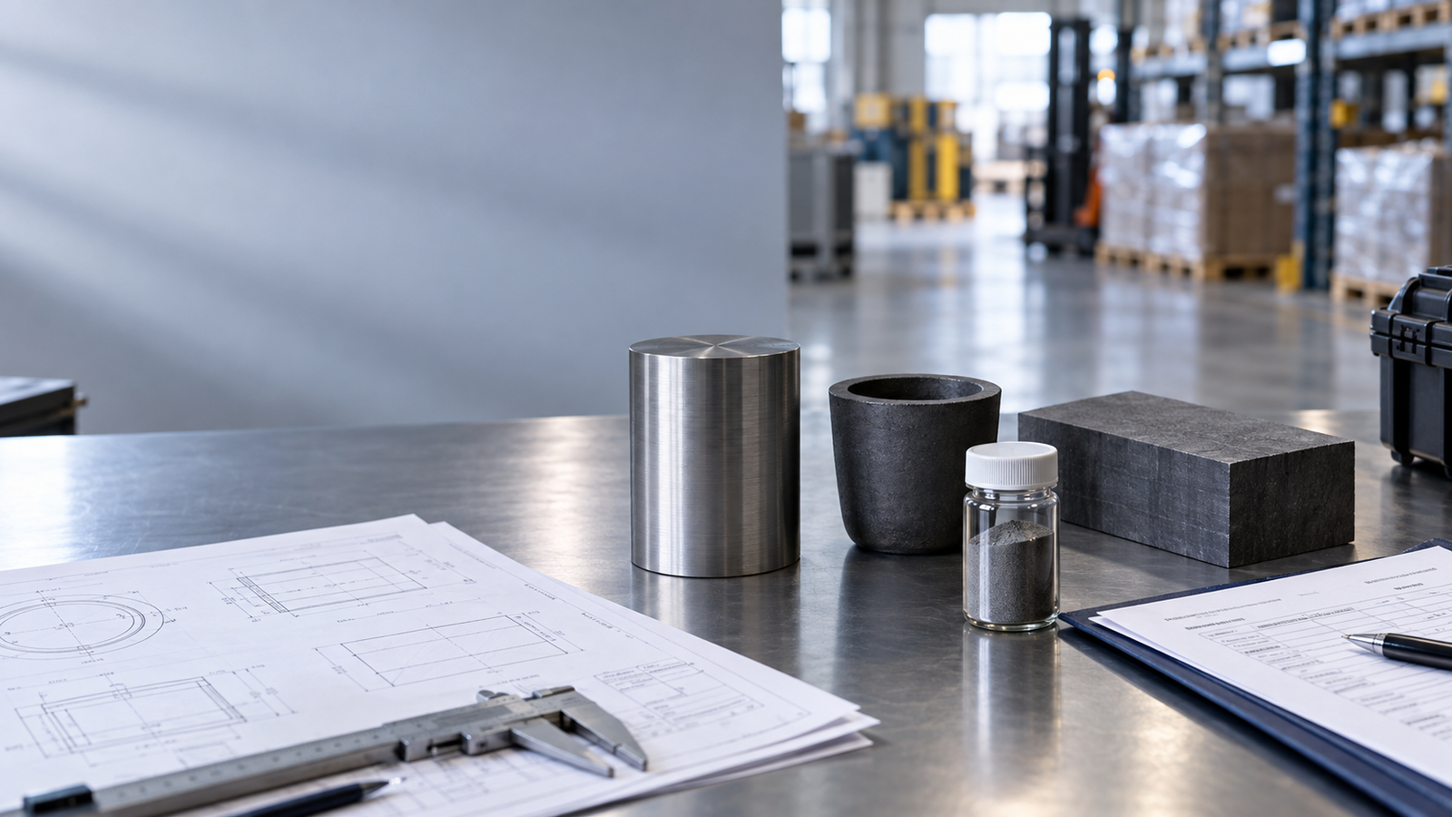 Advanced metal, graphite and powder samples beside technical drawings and export documents