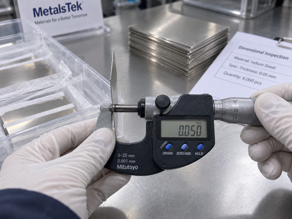 Thickness inspection during batch production of 0.05 mm custom indium sheets.