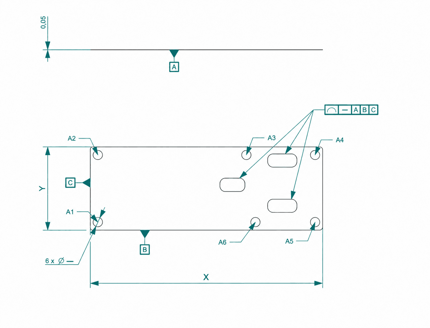 Indium foil drawing with X and Y dimensions and 0.05 mm thickness