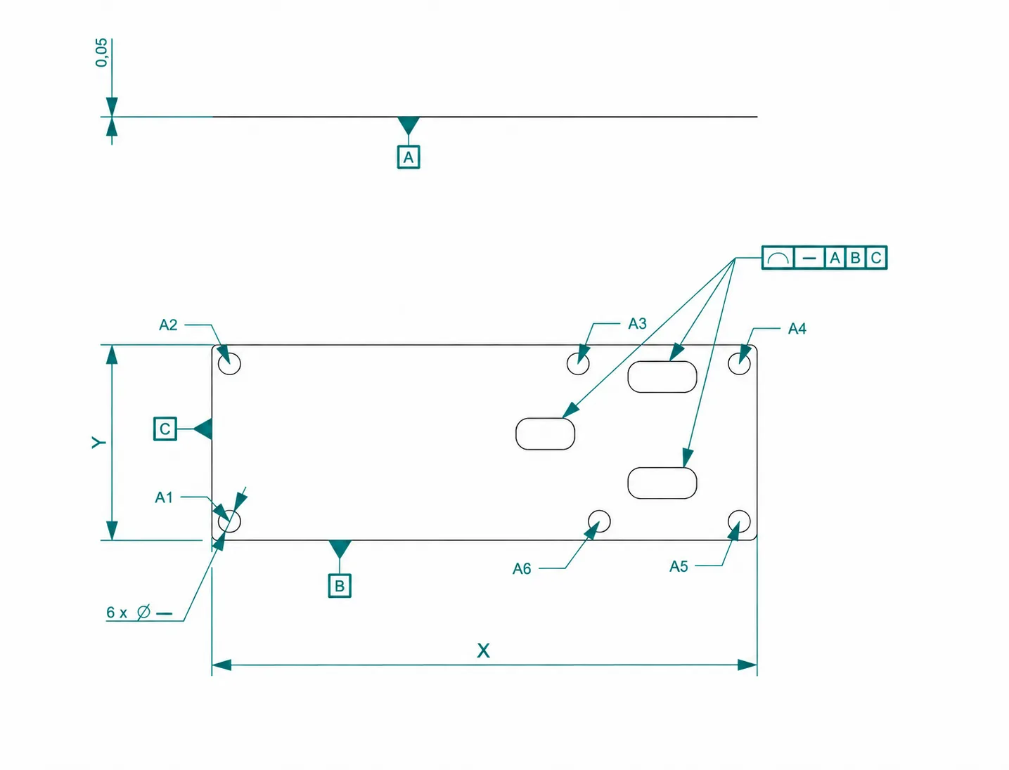 Indium foil drawing with X and Y dimensions and 0.05 mm thickness