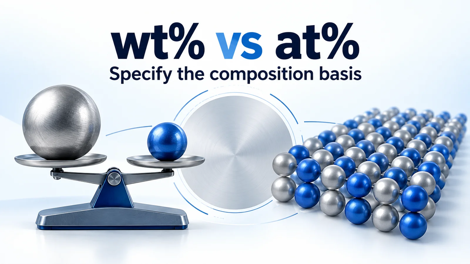 Conceptual illustration comparing weighing material with counting atoms for sputtering target specifications