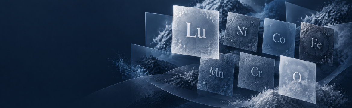 AI-generated conceptual illustration of Lu, Ni, Co, Fe, Mn, Cr and O for a multicomponent oxide sputtering target case study; not a product photograph or crystal-structure model.
