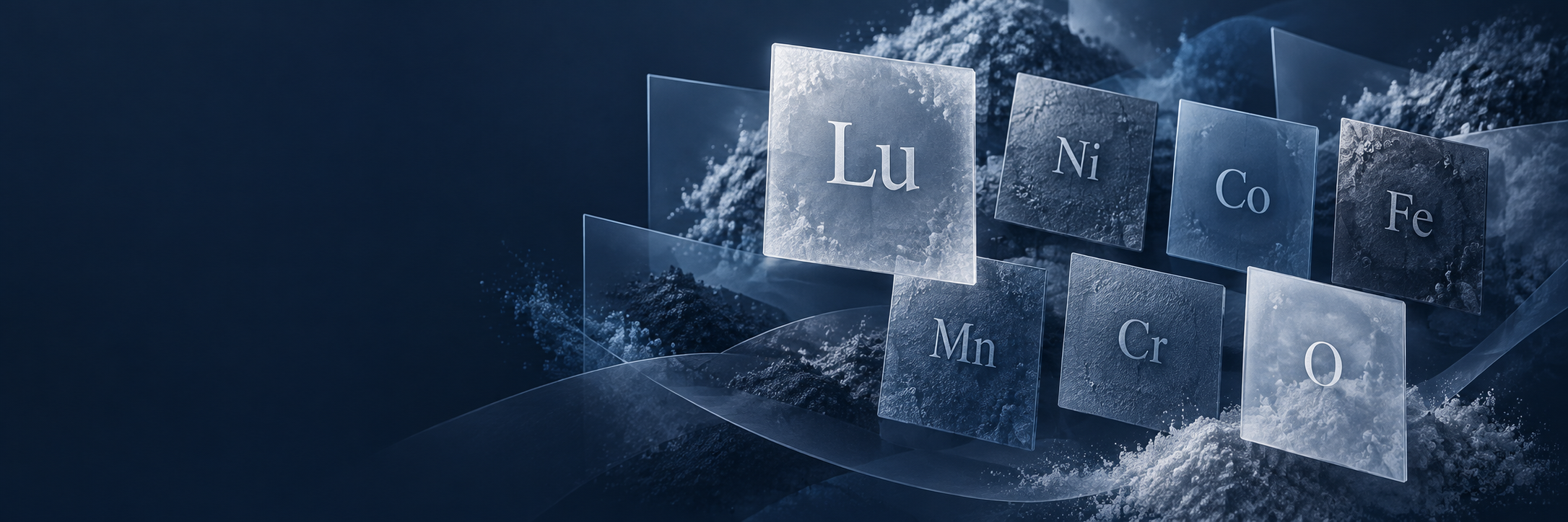 AI-generated conceptual illustration of Lu, Ni, Co, Fe, Mn, Cr and O; not a product photograph or crystal-structure model.