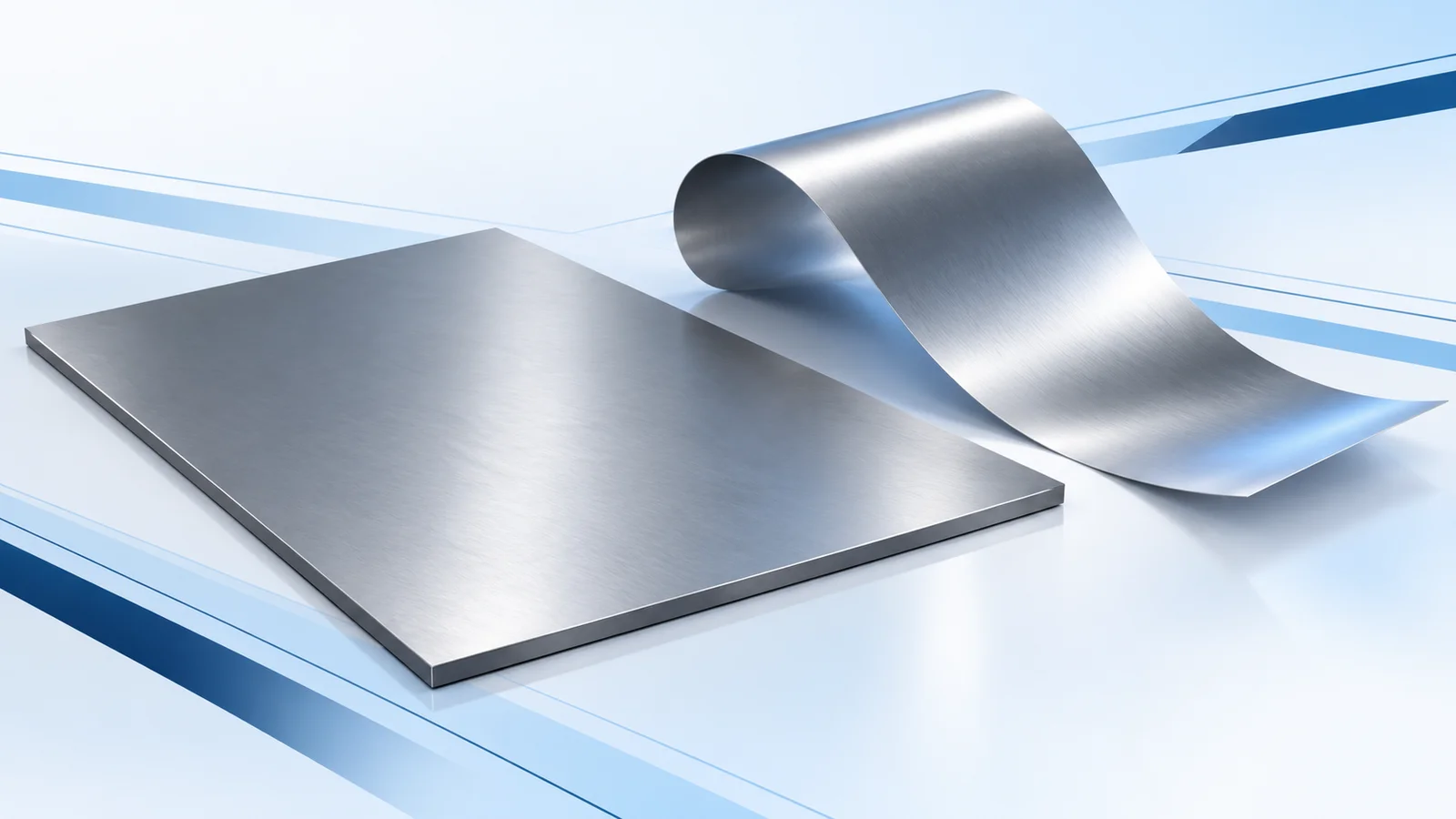AI-generated conceptual illustration of a flat metallic sheet beside a gently curved foil strip on a pale blue background
