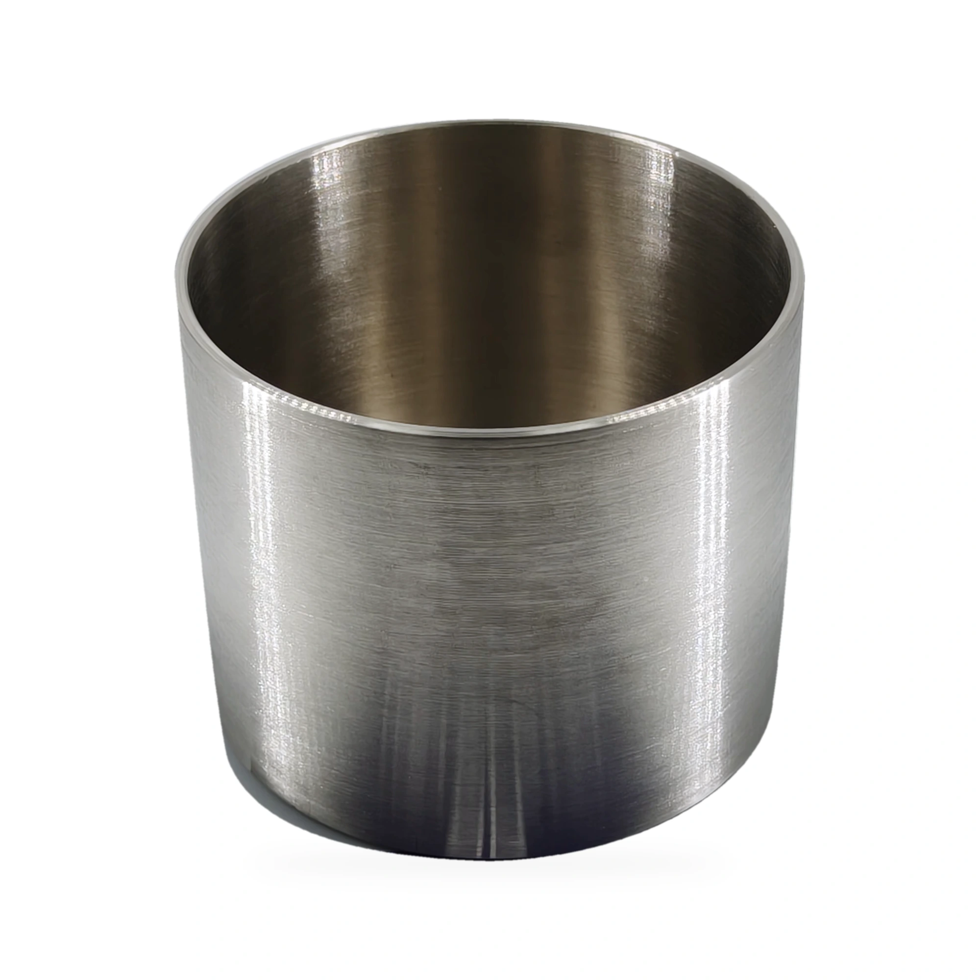 Nickel crucible open view showing the inner wall and machined rim on a white background